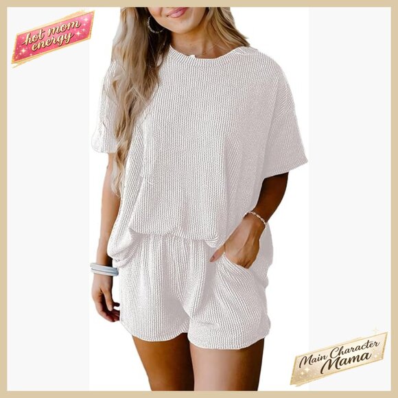 Oversized Short Sleeve Lounge Set with Pockets Drawstring Shorts Loose Fit